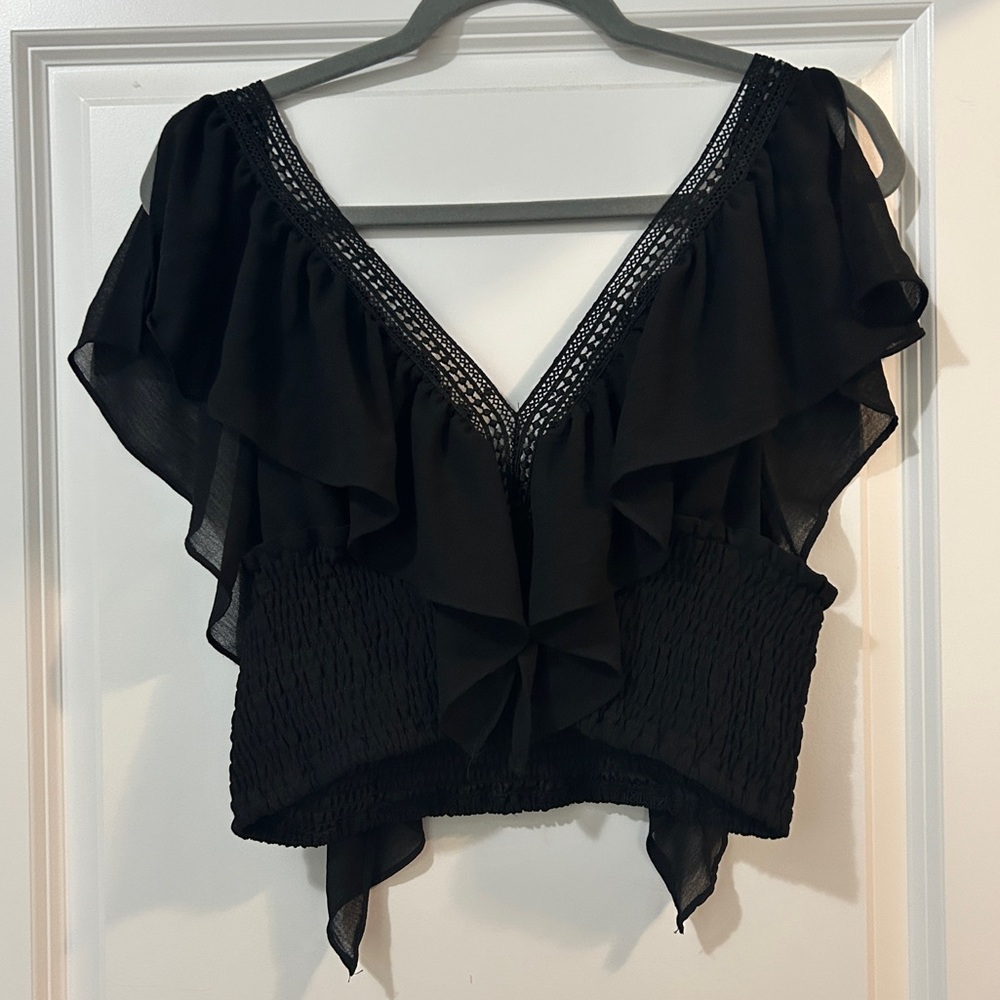 Honey Stores Black Ruffled Sheer Top in size L